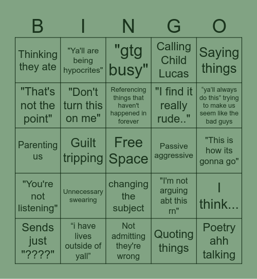 Evy Argument Bingo Card