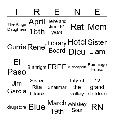 I R E N E-G O Bingo Card