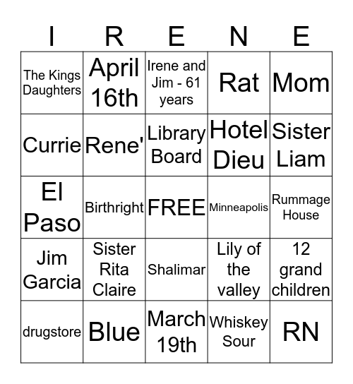 I R E N E-G O Bingo Card