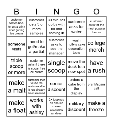 7/5/2024 closing shift Bingo Card