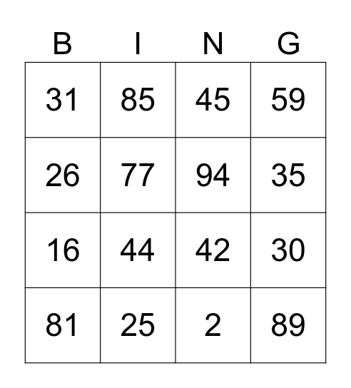 BINGO "XL" Bingo Card