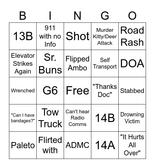 AU Shift EMS Bingo Card