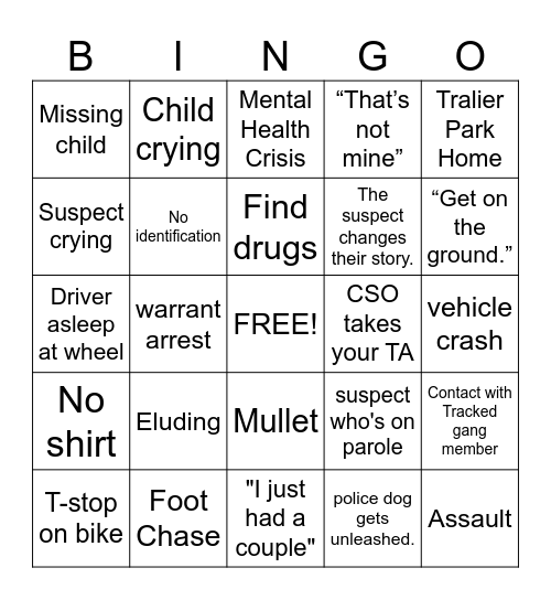 Cops Bingo Card