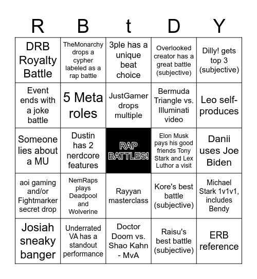 Rap Battle Day Bingo Card