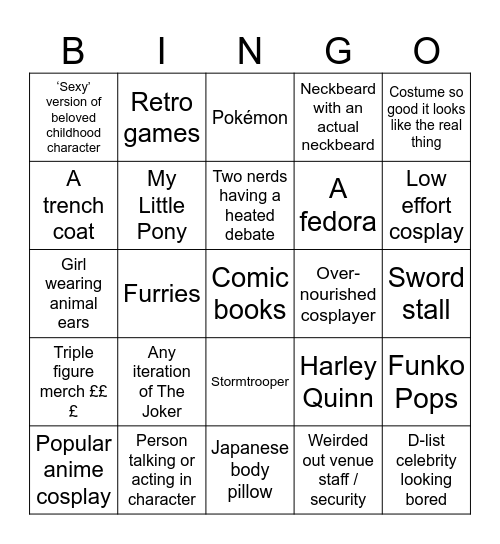 Comic Con Bingo Card