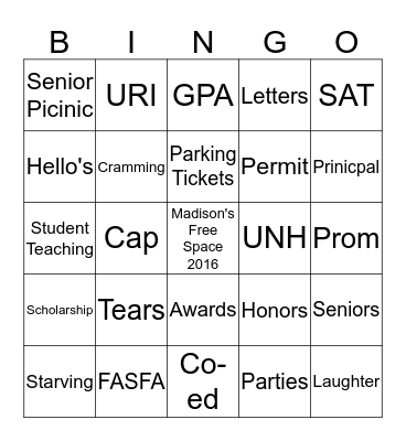 Graduation Bingo Card