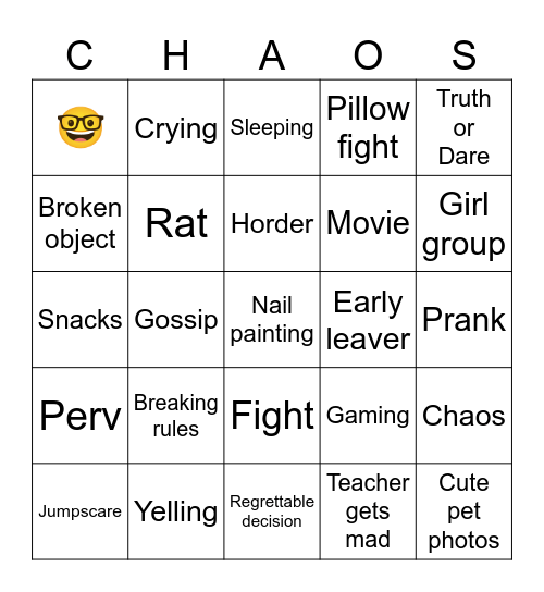 Sleepover Bingo Card