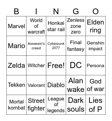Gaming cosplay Bingo Card