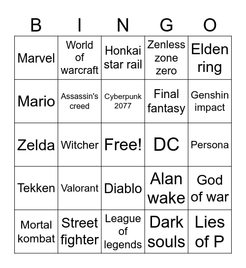 Gaming cosplay Bingo Card