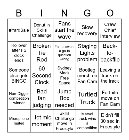 Monster Jam Livestream Bingo Card