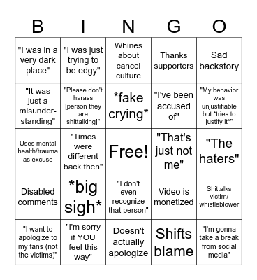 Youtuber apology video Bingo Card