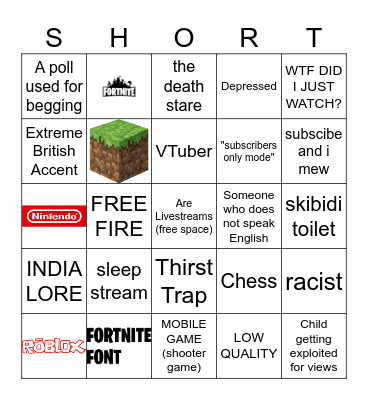 Youtube Shorts Live Bingo (offensive warning) Bingo Card