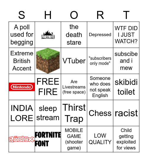 Youtube Shorts Live Bingo (offensive warning) Bingo Card