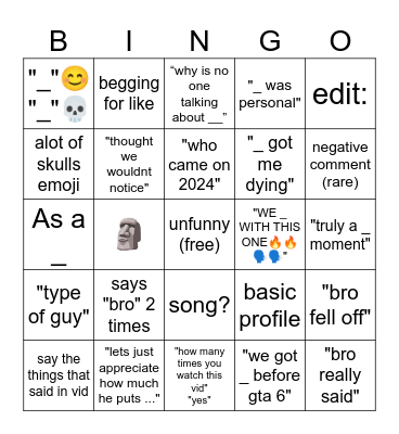 youtube comment bingo Card