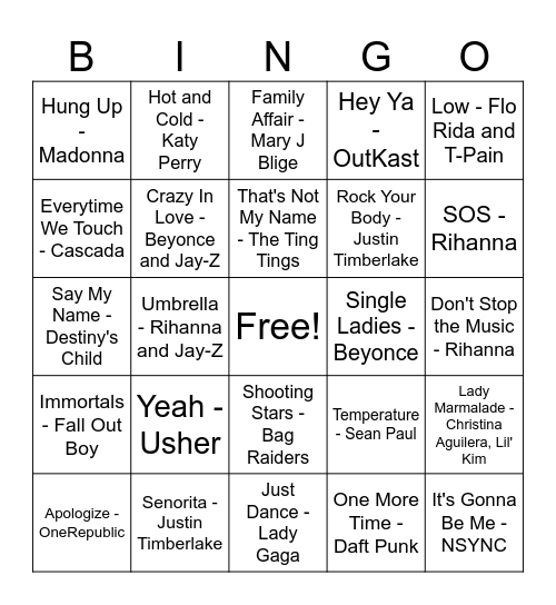 2000's Music Bingo Round #1 Bingo Card