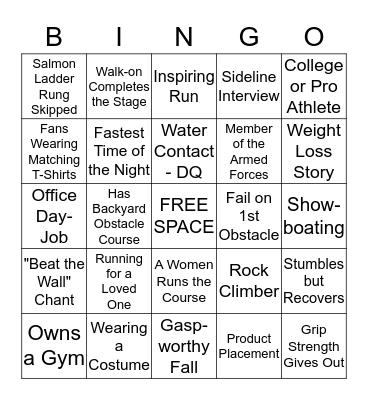American Ninja Warrior Bingo Card