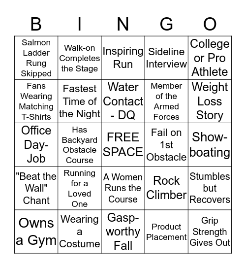 American Ninja Warrior Bingo Card