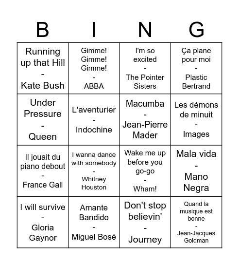 Bingo Musique 80' Bingo Card