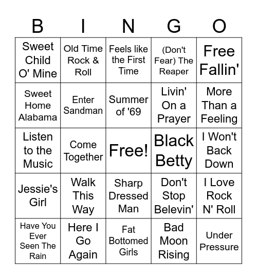 Classic Rock Jutebox Bingo Card