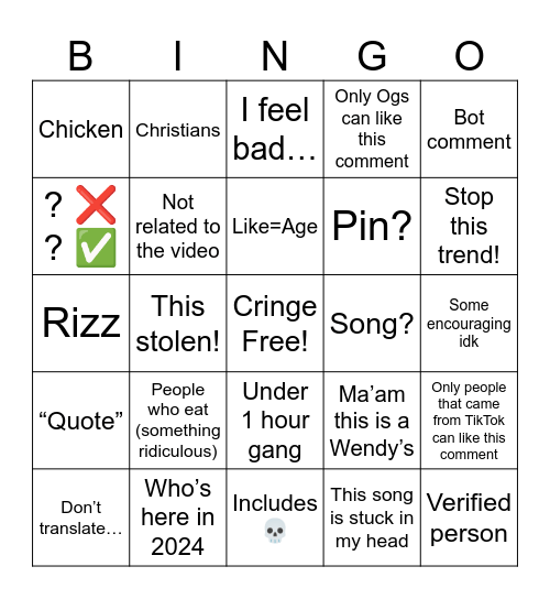 Comment Section Bingo Card