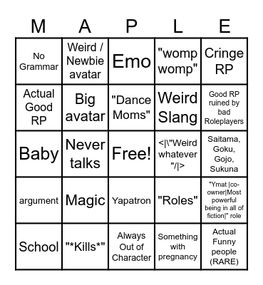 Maple Hospital roblox BINGO Card