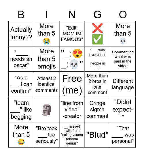 Youtube comments Bingo Card