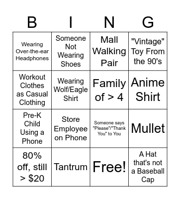 Billings Mall Bingo Card