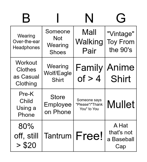 Billings Mall Bingo Card