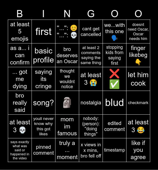 YouTube Shorts Comment Bingo Card