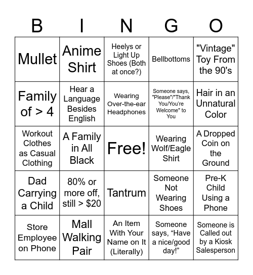 Billings Mall Bingo Card