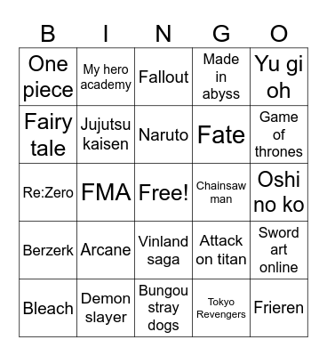 Anime cosplay bingo Card