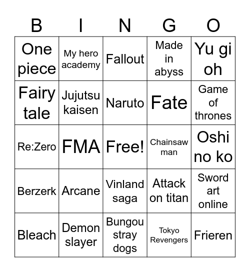 Anime cosplay bingo Card