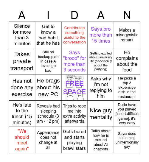The Aidan Conundrum Bingo Card