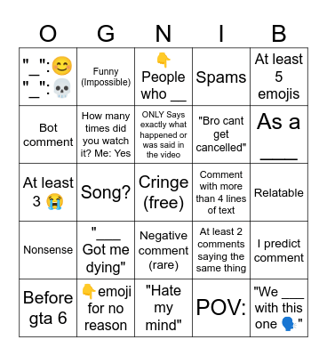 YouTube Shorts Comments Bingo Card