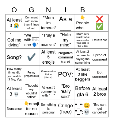 YouTube Shorts Comments Bingo Card