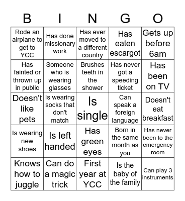 YCC Bingo  Bingo Card