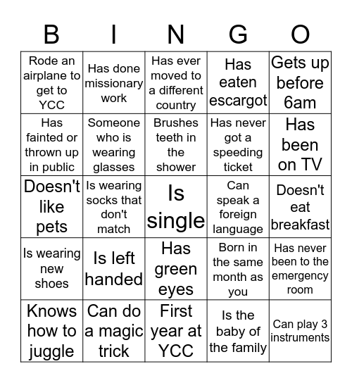 YCC Bingo  Bingo Card