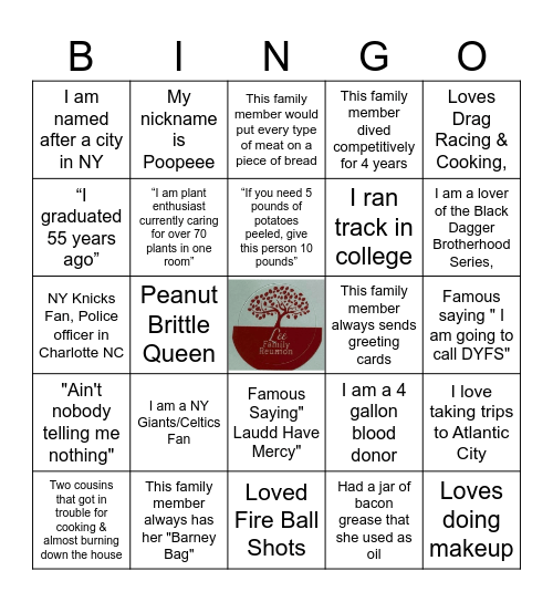 Lee Family Reunion Bingo Card