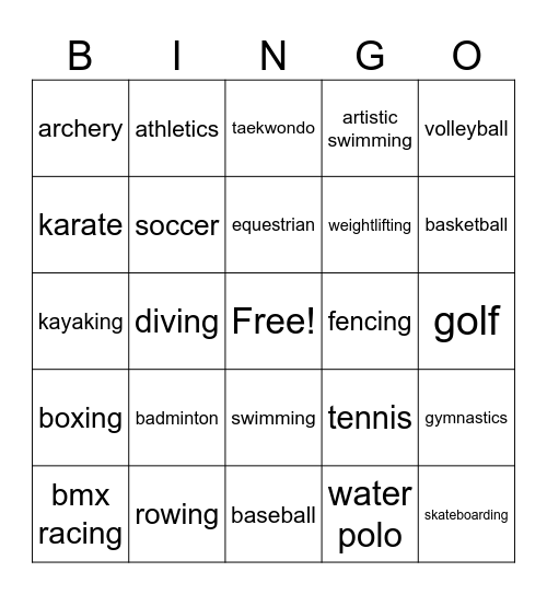 SPORT Bingo Card