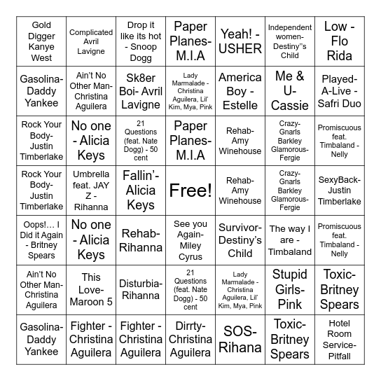 2000's Music Bingo Card