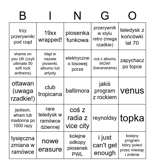 pewien kanał muzyczny w wakacje bingo Card