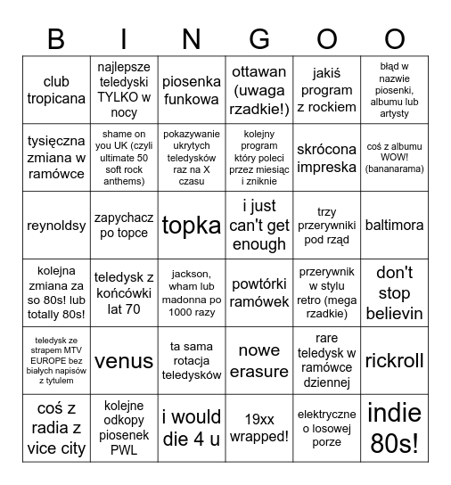 pewien kanał muzyczny w wakacje (bingo całoroczne) Bingo Card