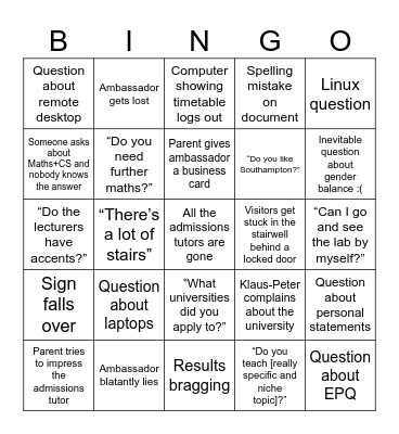 Open Days 2024 Bingo Card