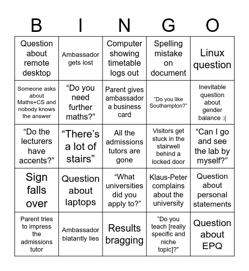 Open Days 2024 Bingo Card