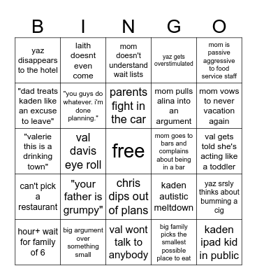 Davis Beach Vacay WWE Bingo Card