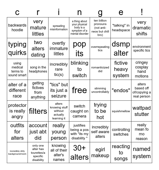 fake disorder cringe bingo Card