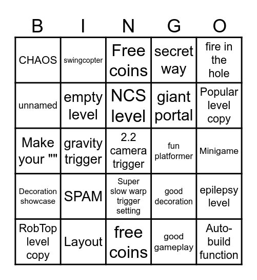 Geometry Dash 2.2 Recent Tab Bingo by Fr1man Bingo Card