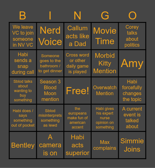 Hidey Hole VC Bingo Card