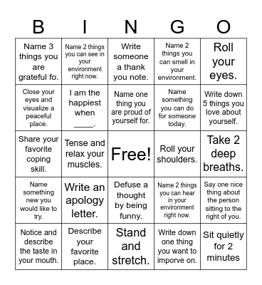 Mindfulness Bingo Card