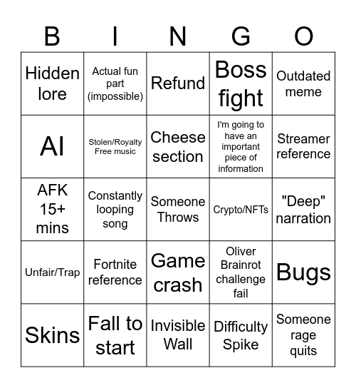 Streamer Bait Slop Bingo Card